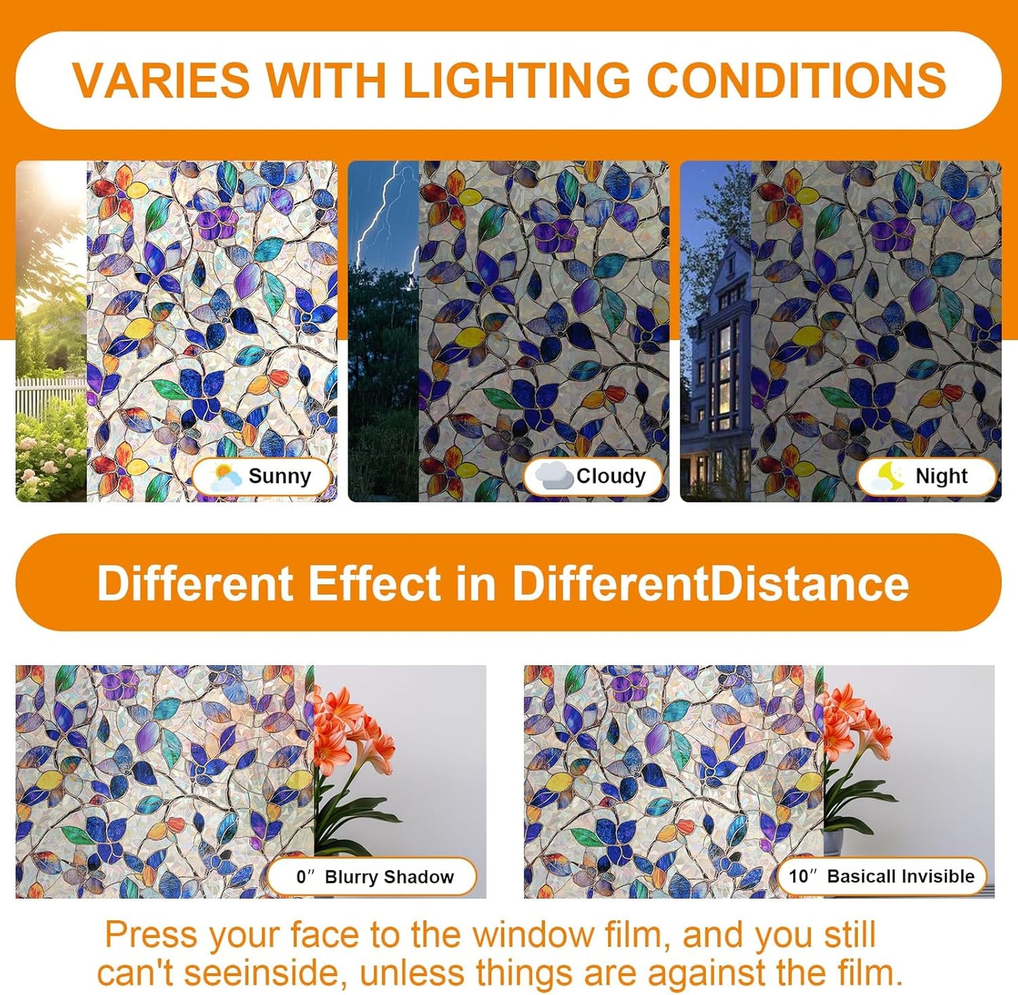 Window Privacy Film Stain Glass Window Film Rainbow Window Film Window clings Non-Adhesive Reusable Decorative for Room (Stained Leaf, 17.5 x 157.4 in)