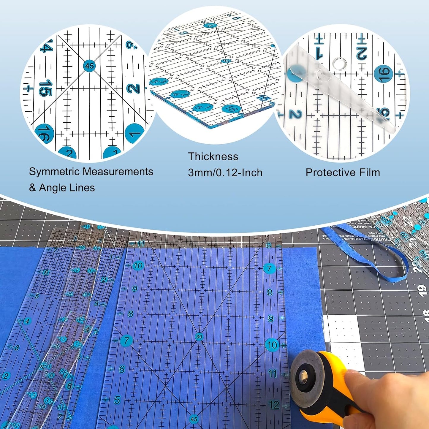 Quilting Ruler, 8 Piece Acrylic Quilting Templates, Sewing Ruler, Fabric Cutting Ruler with Non-Slip Rings, Quilting and Sewing (6"x17", 3"x17", 2"x16", 1.5"x12", 1"x12", 1"x6", 8"x3") (Blue)