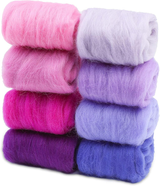 Wonvoc Needle Felting Wool 80 g, 8 Colors Nature Wool Roving, Felting Wool Bulk, Wool Roving for Needle Felting, for DIY Craft Materials and Felting Wool Craftsmen, 10g/Color, Purple