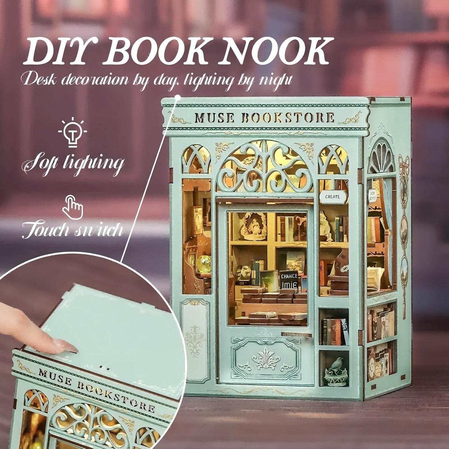 Fsolis Book Nook Kit - DIY Miniature House Kit 3D Puzzles for Adults Beginners Tiny House Mini Booknook Craft Bookshelf Decor, 281 Wooden Pieces, Gifts for Women Teenagers Book Lovers (Muse Bookstore)
