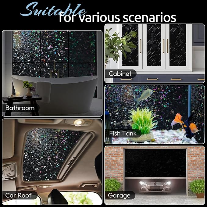 rabbitgoo Window Privacy Film Rainbow Film Decorative Window Sticker, 3D Static Stained Glass Cling Tint for Room Darkening Day Sleep, Black, 35.4 x 78.7 inches