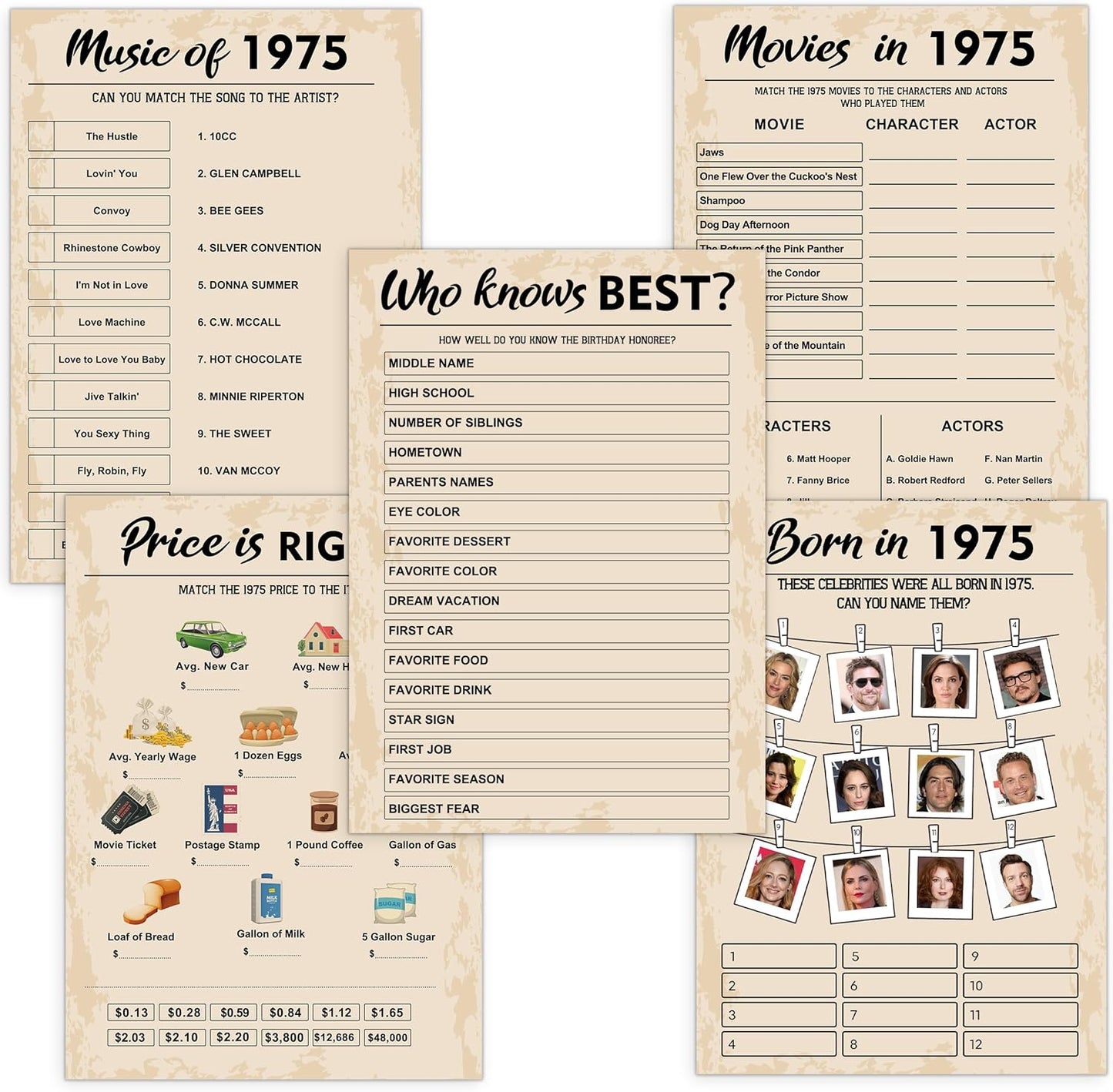 50th Birthday Party Games, Born in 1975 Games Bundle, Set of 5 Activities for 10 Guests, Birthday Party Supplies for Adults, Pack of 50 Cards