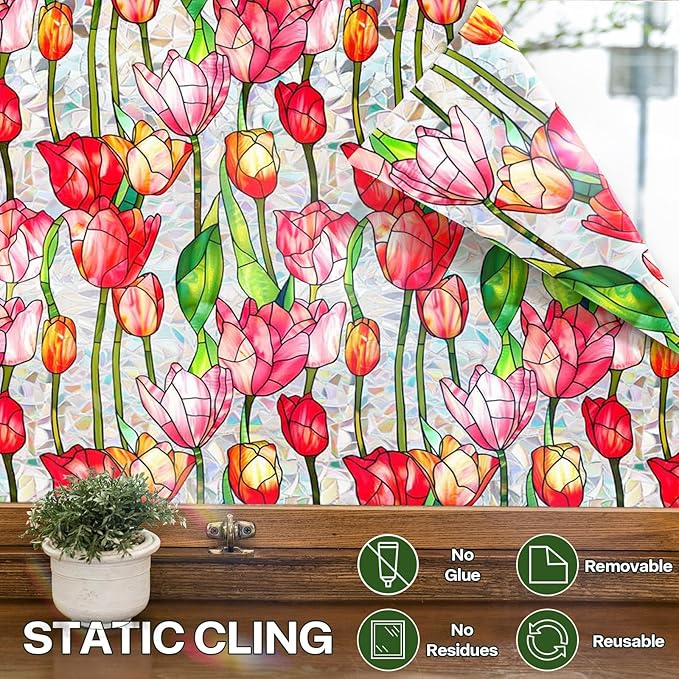 Stained Glass Window Film UV Resistant Window Privacy Film Red Floral Privacy Rainbow Decals Living Room Bedroom Sun Blocking Decor Removable Static Cling Stickers 17 x 78.74 Inch