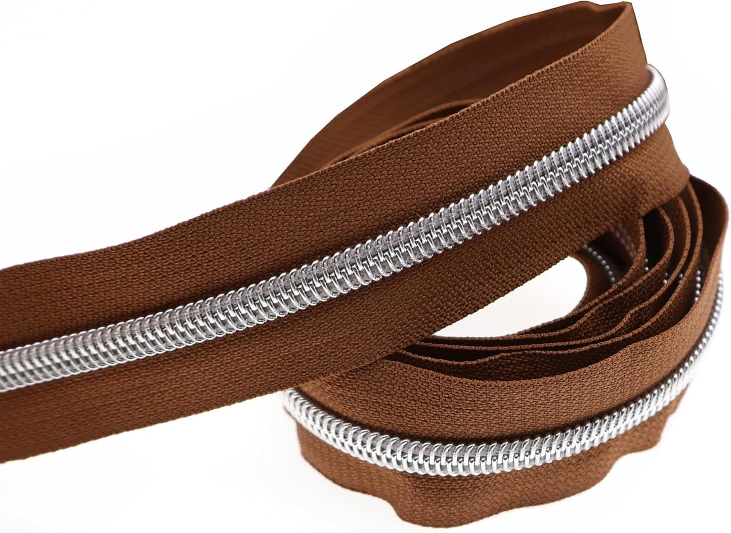 Leekayer #5 Silver Metallic Nylon Coil Zippers by The Yard Bulk 10 Yards Brown Zipper Tape with 25pcs Silver Ring Pull Sliders for DIY Sewing Tailor Craft Bag(Brown)
