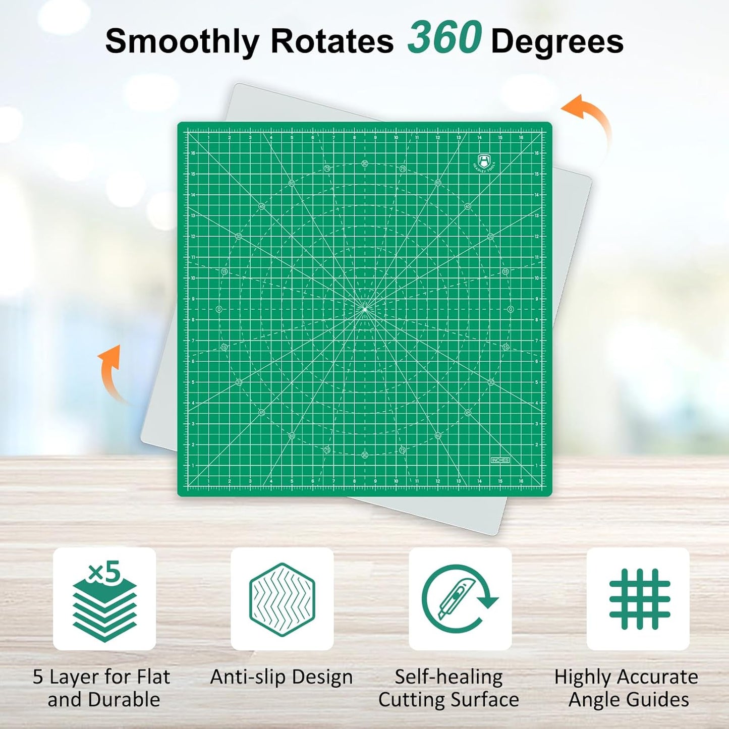 Headley Tools 17"x17" Rotating Cutting Mat, Self Healing Mat with 360-Degree Rotation & Anti-Slip Base, Sewing Board Cutting Mat Perfect for Fabric Quilting Leather Hobby Project, Green