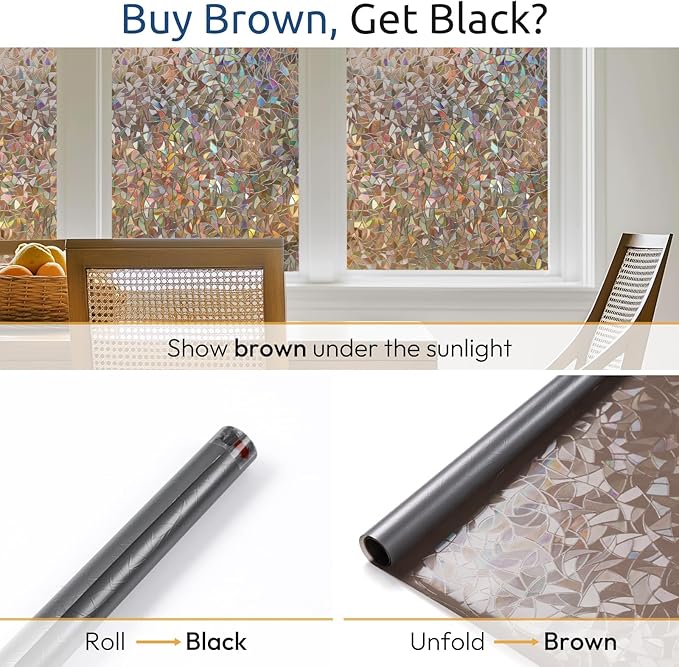 rabbitgoo Window Privacy Film Rainbow Film Decorative Window Sticker, 3D Static Stained Glass Cling Tint for Home Heat Control Non-Adhesive, Brown, 23.6 x 157.4 inches
