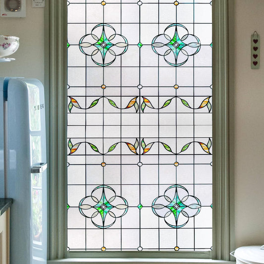 3D Stained Glass Window Privacy Film, Heat Control UV Blocking Static Cling Decorative Window Film for Bathroom,Front Door,Home Non Adhesive,35.4 x 78.7 inches Verdant Whispers
