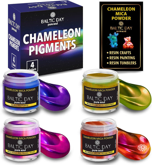 BALTIC DAY - Chameleon Mica Powder, 4 Jars of Color Shift Mica Powder Set - Epoxy Resin Color Pigment Powder - Chameleon Powder - Holographic Mica Powder