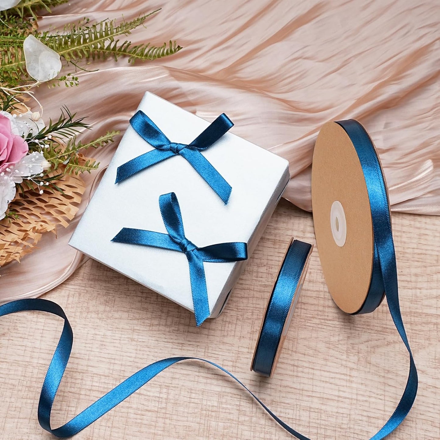 LaRibbons Navy Satin Ribbon 3/8 Inch 50 Yards Thin Luxury Double Faced Blue Silk Ribbon for Flower Bouquet Crafts Gift Wrapping Wedding Bow Decoration