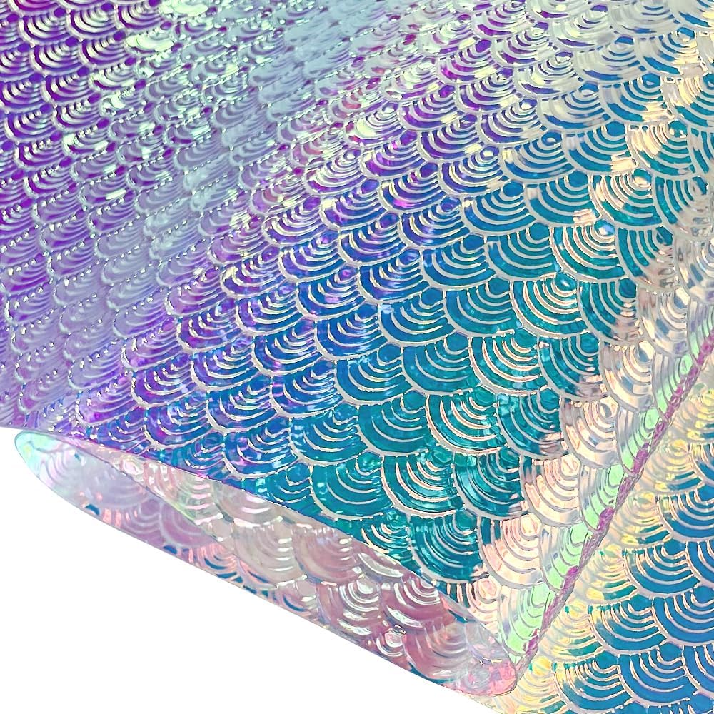 ONEART | Iridescent Transparent Embossed Vinyl Holographic Blue Clear PVC Vinyl Craft Film 16"×54" for Sewing DIY Projects-Conch