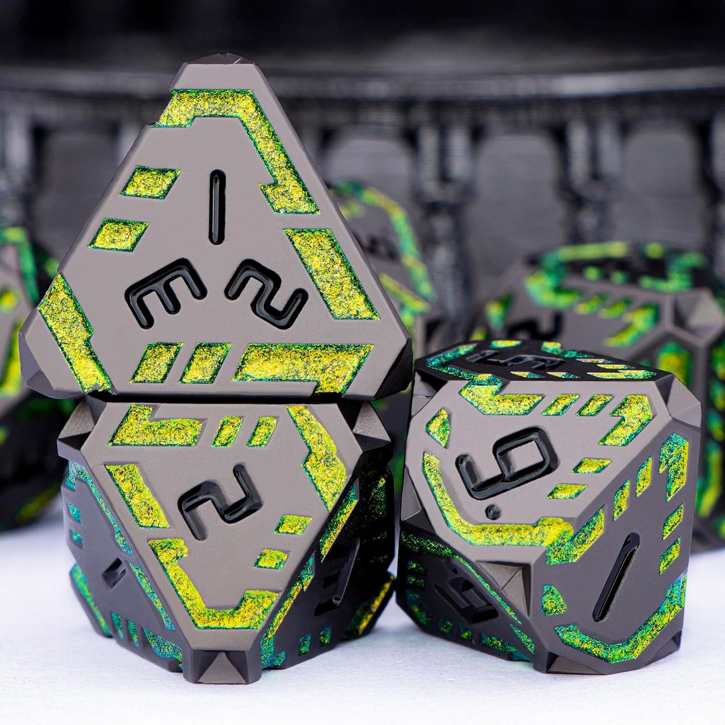 Metal DND Sci-fi Dice Set 7PCS Stripe Polyhedral Dice for Dungeons Dragons RPG Role Playing Game, Glitter D and D Dice with Gift Box D6 D8 D10 D12 D20 (Black&Green Yellow)