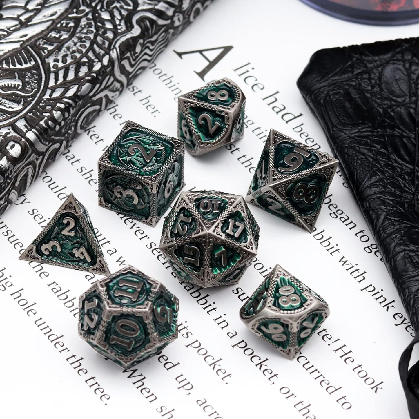 Haxtec DND Dice Set Metal D&D Dice Set with Leather Dice Bag Antique Iron Green Metal Polyhedral Dice Compatible with Dungeons and Dragons TTRPG Gifts