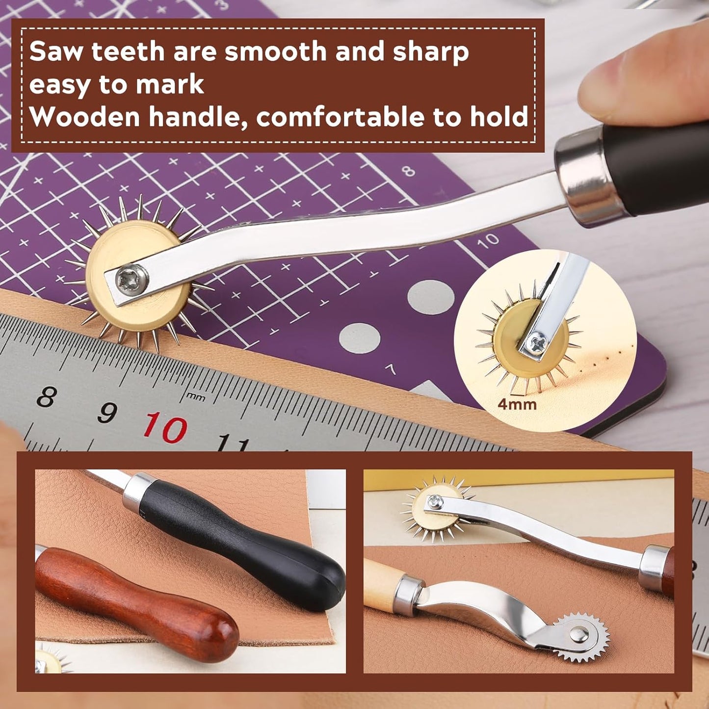 4PCS Tracing Wheel, Professional Stitch Marking Spacer, Wood and Stainless Steel Pounce Wheel for Sewing Patterns with Wooden Handle and Plastic Handle for Tracing Paper and Leather Crafts