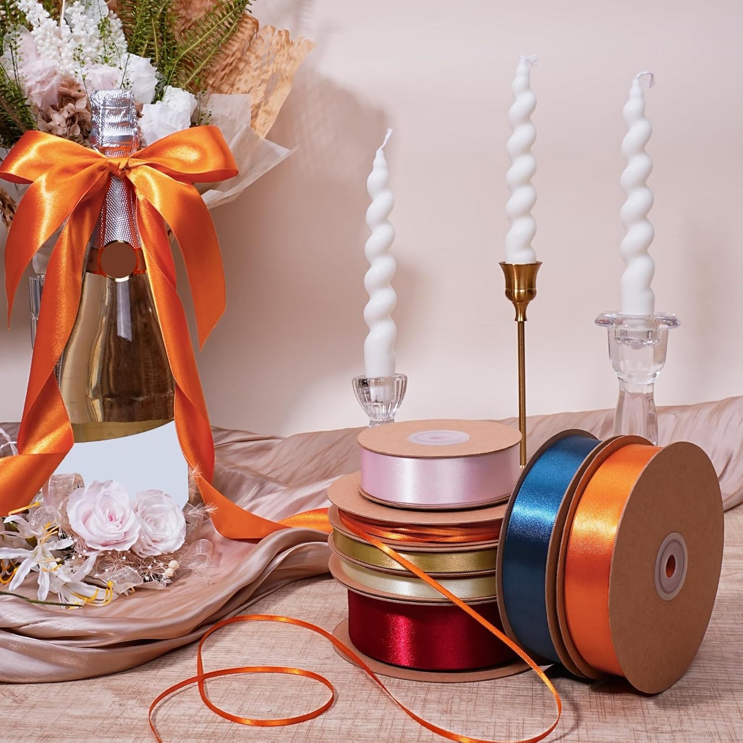 LaRibbons Orange Satin Ribbon 1 1/2 Inch 50 Yards Luxury Double Faced Russet Orange Silk Ribbon for Flower Bouquet Crafts Gift Wrapping Wedding Fall Decoration