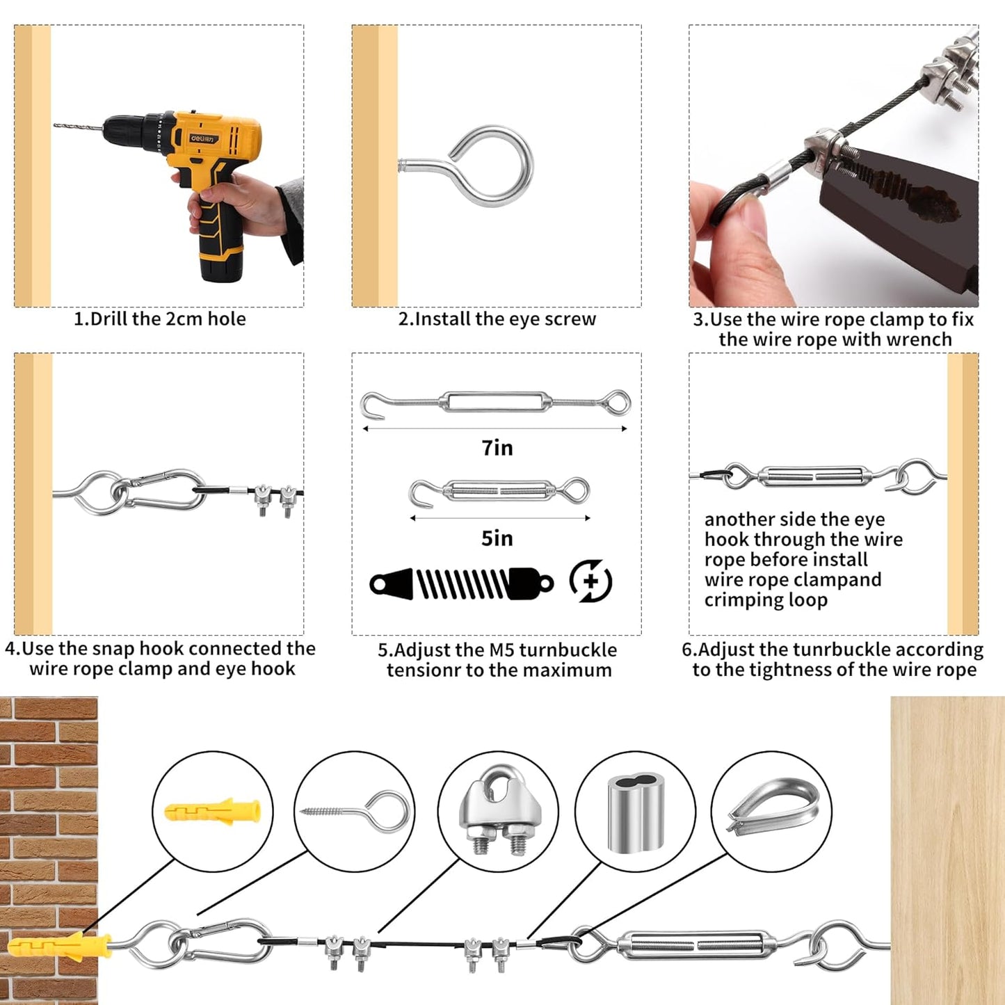 1/16" Wire Rope Kit,30M/100FT Black Vinyl Coated 304 Stainless Steel Cable,String Light Hanging Kit with Turnbuckle for Outdoor,Garden Wire(55 Pack)