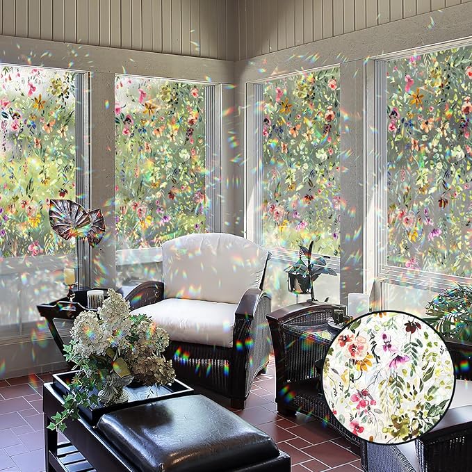 Rainbow Suncatcher Floral Window Film, Privacy Iridescent Static Cling Double-Sided Decals for Window Door Glass Decor, Spring Colorful Flower, 39.37" x 16.93"