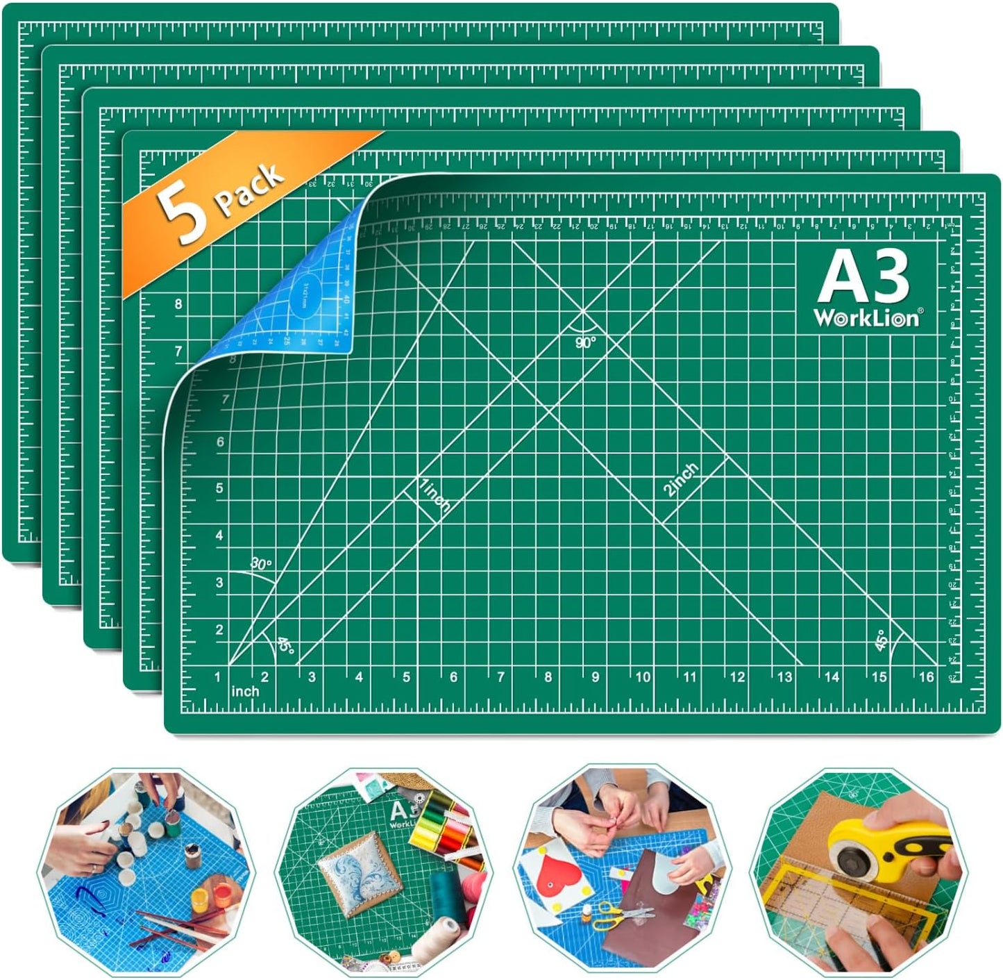 WORKLION Self Healing Cutting Mat - 12 x 18 inch Double Sided 5-layer Gridded Rotary PVC Cutting Board, for Sewing, Quilting, Scrapbooking and Arts & Crafts Projects (5 Pack)