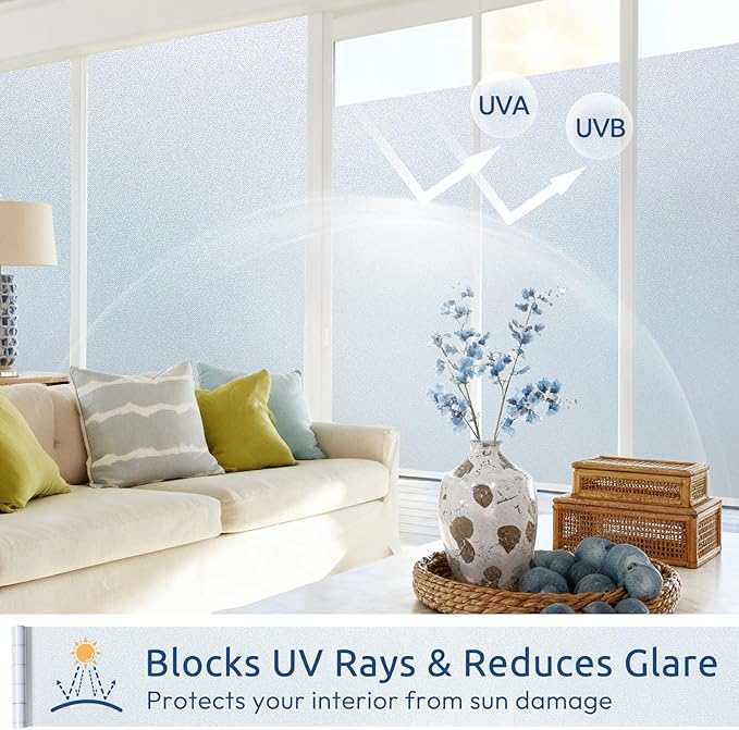 rabbitgoo Frosted Glass Window Privacy Film, No Glue, Anti-Glare Heat Blocking, Easy to Install, Renter Friendly Removable Opaque Bathroom Window Clings for Glass, 17.5 by 118.1 inch