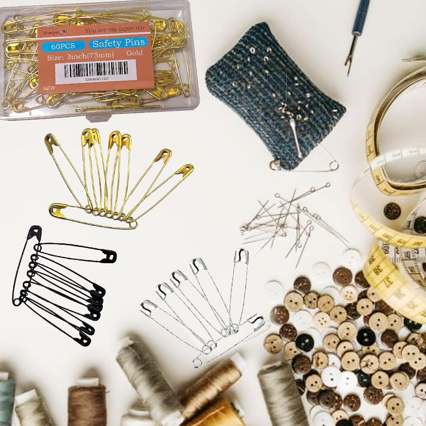 60PCS Safety Pins, 3 inch Large Safety Pins, Rust-Resistant Nickel Plated Steel, Sharp Edge Safety Pin for Clothes, Sewing, Arts & Craft, 75mm Decorative SafetyPins (Gold)