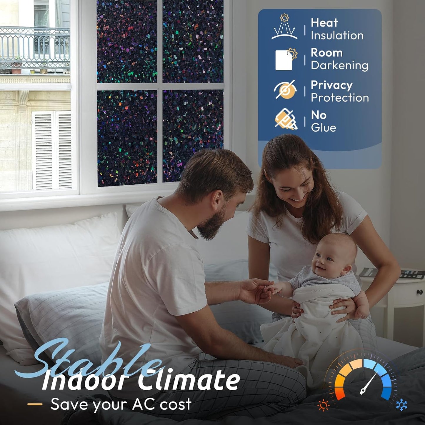 rabbitgoo Blackout Rainbow Window Privacy Film Decorative Stained Glass Diamond Pattern Window Sticker with Iridescent Tint Non-Adhesive Static Cling for Home Office Bathroom, 17.5 x78.7 inch, Black