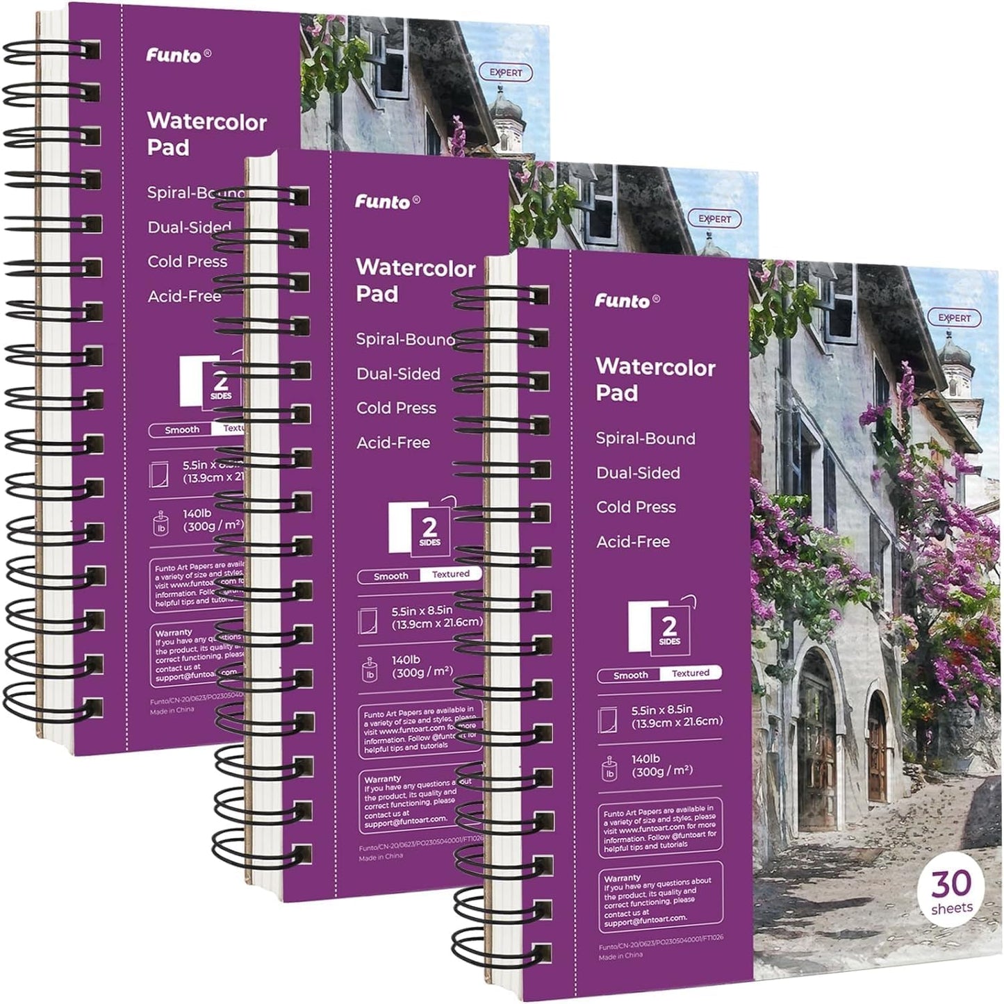 Funto Watercolor Pad 5.5x8.5, 3 Pack, 90 Sheets,140lb/300gsm, Double-Sided, Cold Press, Spiral Bound, Heavyweight Paper for Watercolor Painting