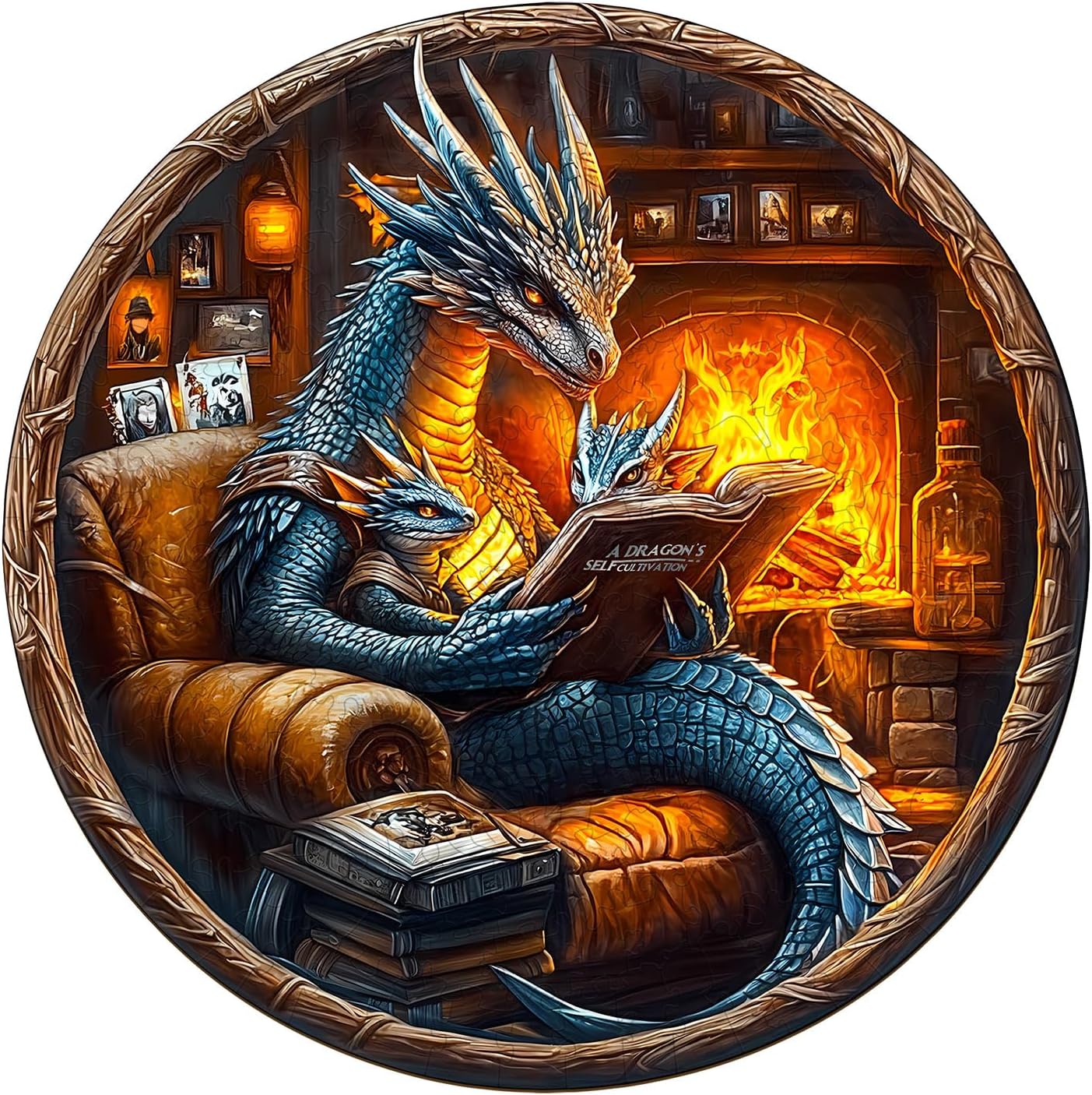 KAAYEE Wooden Puzzles for Adults, 3D Visual Effect Dragon Family Night Reading Wooden Jigsaw Puzzle Unique Shape Wood Puzzle Adult, 3D Effect Flat Puzzle Birthday Family Games (S-8.5 * 8.5 in-95pcs)