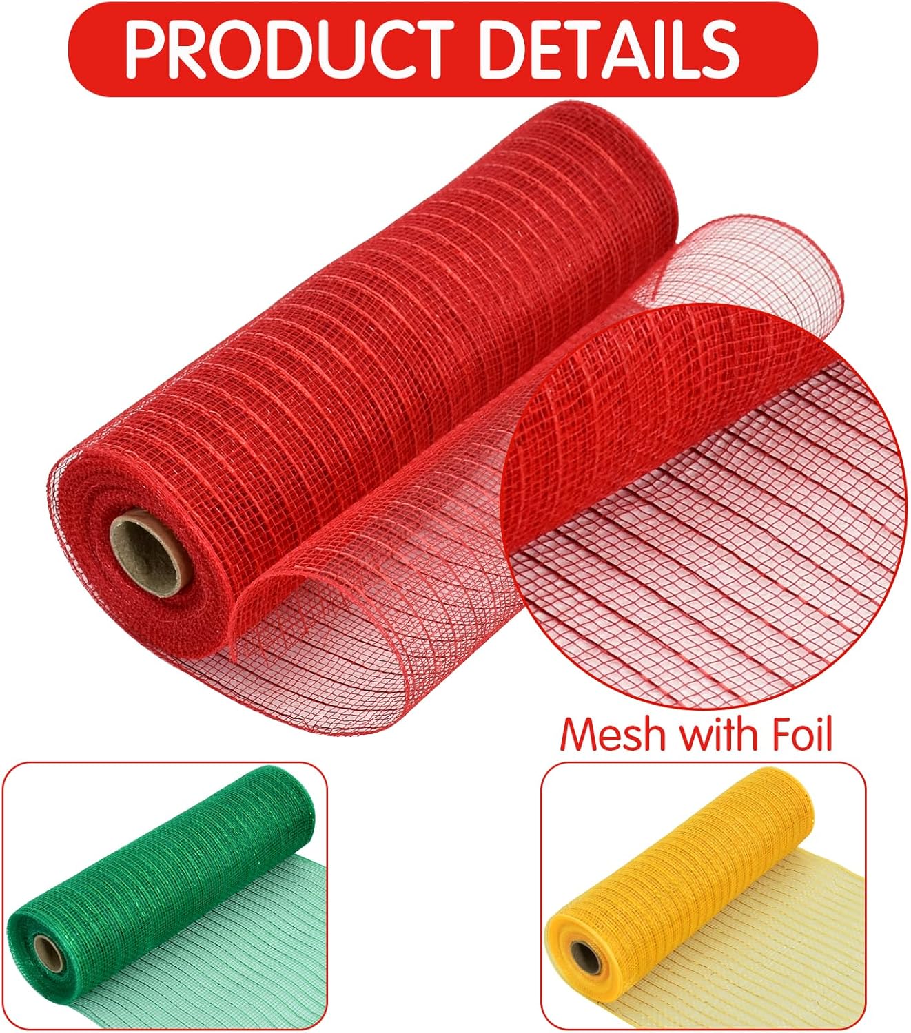 TONIFUL 3 Roll 10 Inch Red Gold and Green Decorative Mesh Ribbon Rolls, Fabric Mesh with Foil for Wreaths Front Door Decor Christmas Festival Party Accessories Party Decoration Supplies (10yds/roll
