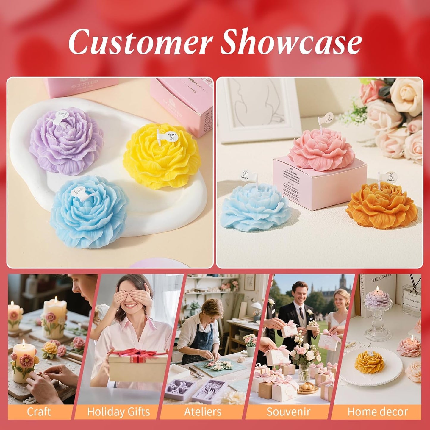 2Pcs Peony Silicone Candle Flower Wax Mold Silicone for Candles Resin Making Molds Moldes De Silicona para Hacer Velas Artesanales De Silicona,for Making Mothers Day Gifts for Mom Daughter