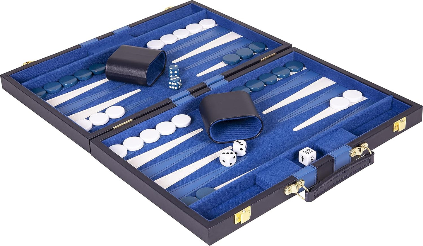 Classic 18-Inch Backgammon Set – Premium Folding Board Game with Leatherette Case, Felt Surface & Complete Accessories – Blue – for Adults & Kids