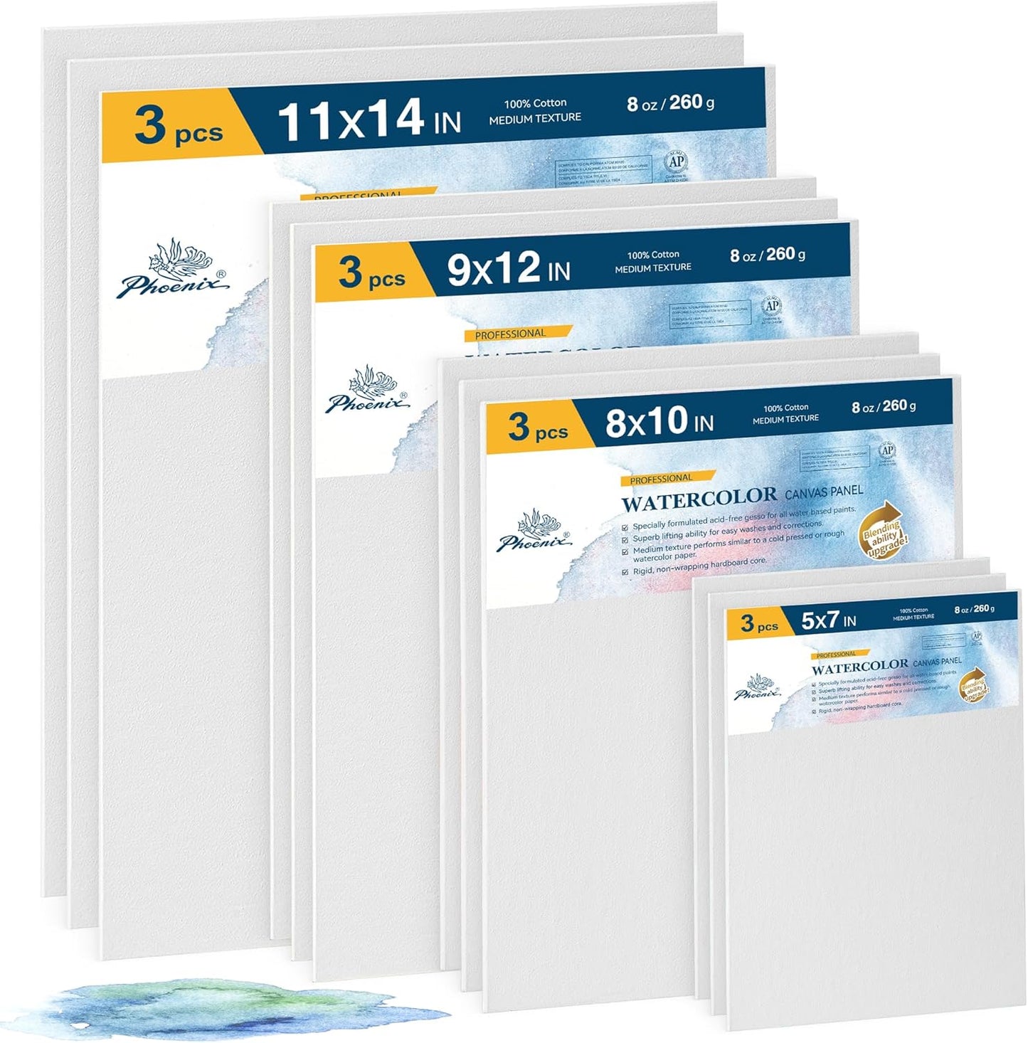 PHOENIX Watercolor Canvas Boards for Painting - 12 Multi Sizes Pack, 5x7,8x10,9x12,11x14 Inch, 100% Cotton Water Color Panels, 8 Oz. / 260g White Blank Medium Texture Flat Canvases