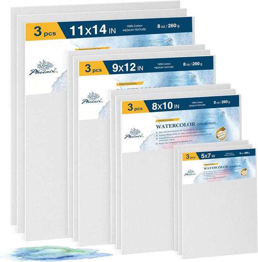 PHOENIX Watercolor Canvas Boards for Painting - 12 Multi Sizes Pack, 5x7,8x10,9x12,11x14 Inch, 100% Cotton Water Color Panels, 8 Oz. / 260g White Blank Medium Texture Flat Canvases