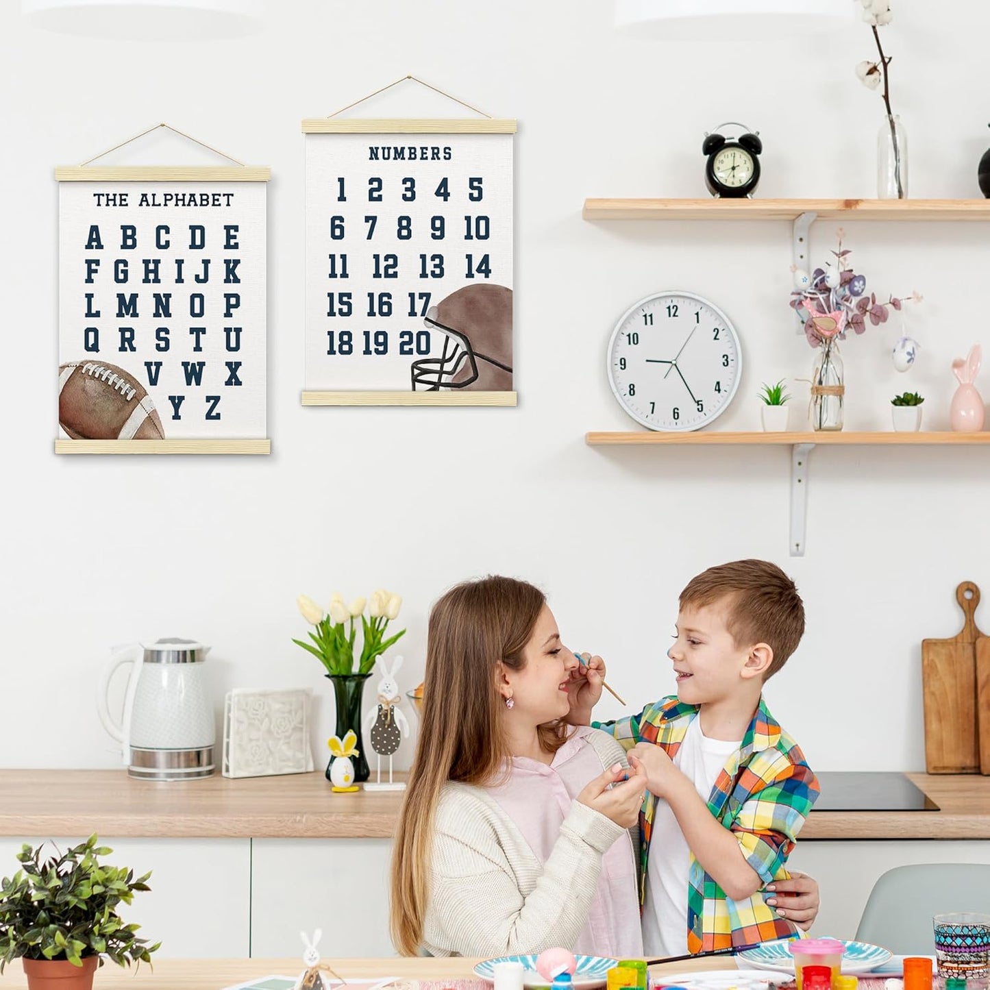 BONETAT Numbers alphabet poster for Nursery Toddlers, Play Room Wall Decor, ABC Wall Chart, Wall Hanging Decor for Toddler Playroom Decor Kids Wall Decor, Wooden Frame Alphabet Banner-A01