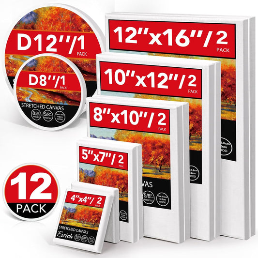 ESRICH 12 Pack Stretched Canvas for Painting, 4x4, 5x7, 8x10, 10x12, 12x16(2 of Each), Round Canvas with 8x8, 12x12(1 of Each), Blank Canvases Primed Paint Canvas for Beginners, Artists