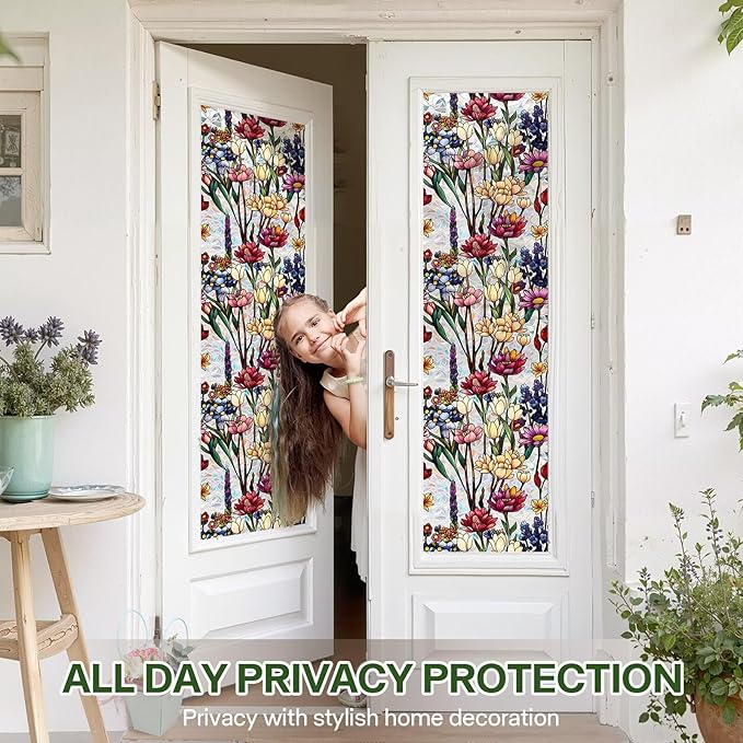 Stained Glass Window Film UV Resistant Window Privacy Film Colorful Flowers Privacy Rainbow Decals Living Room Bedroom Sun Blocking Decor Removable Static Cling Stickers 17 x 78.74 Inch
