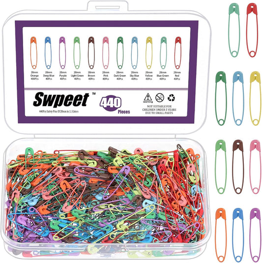 Swpeet 440Pcs 28mm/1.11 Inch Colorful Safety Pins Assortment Kit, Rust Resistant Steel Small Safety Pin Kit with Clear Case, Mini Safety Pins for Sewing, Clothes, Craft Arts