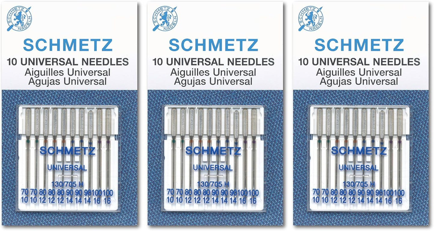 SCHMETZ Universal Sewing Machine Needles, Three 10-Pack Assortment, 30 Needles, 70/10, 80/12, 90/14, 100/16