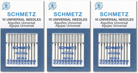 SCHMETZ Universal Sewing Machine Needles, Three 10-Pack Assortment, 30 Needles, 70/10, 80/12, 90/14, 100/16