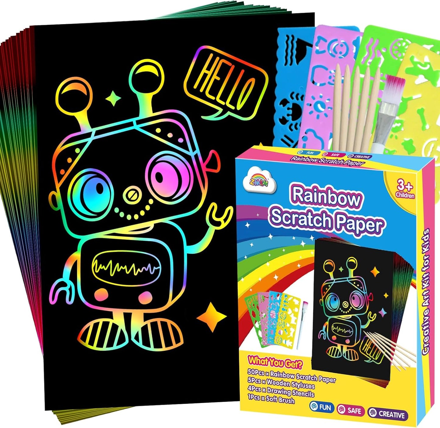 ZMLM Scratch Art Crafts Boys Gifts, 60 Rainbow Scratch Paper Art Gifts for 3 4 5 6 7 8 9 10 Years Old Girls and Boys Kids, Arts and Crafts for Kids 4-6 Birthday Toys and Games Activities Gift (Blue)