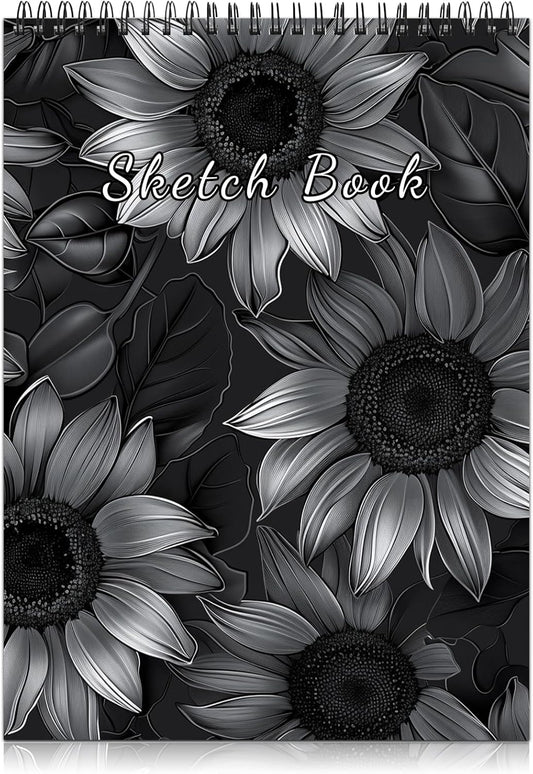 Cabreche Cute Sketchbook Top Spiral Bound Sketch Pad, 9 x 12 inch,100GSM Thick Paper,50 Sheets 100 Pages,Art Sketch Book Artistic Writing Drawing Paper for Girls Women Beginners-Black Sunflower