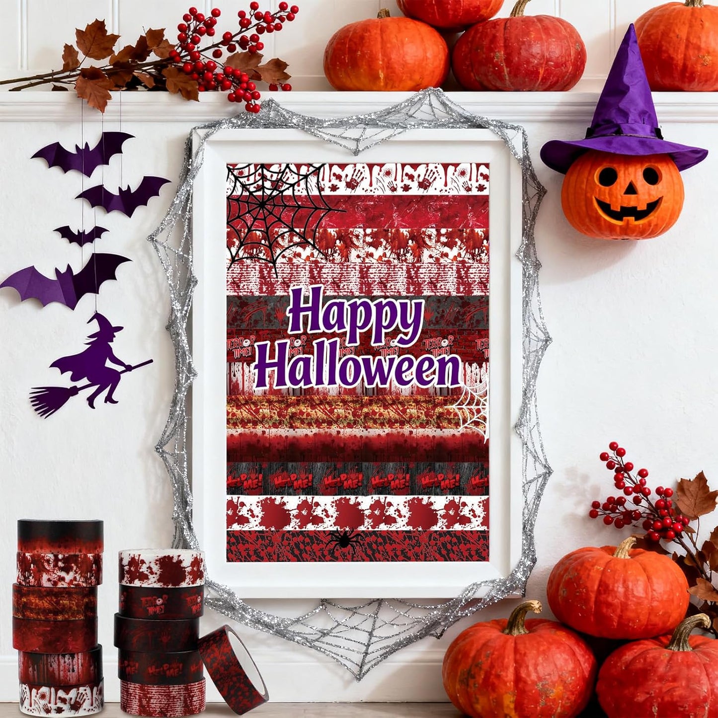 12 Rolls Halloween Washi Tape Bloody Printing Tapes Spooky Bloodstain Pattern Masking Tapes for Scrapbook Journal DIY Art Crafts Wrapping Decor 16.4FT