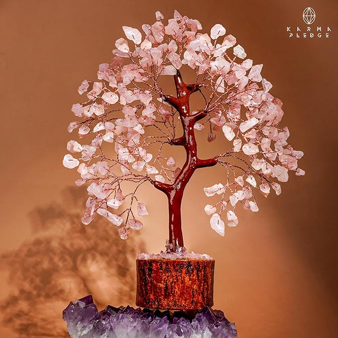 KARMAPLEDGE Rose Quartz Crystal Tree of Life for Women Office Decor, Good Luck, Money, Meditation, Positivity, Handmade Healing Crystal Stones Bonsai Tree Spiritual Birthday Gifts for Women