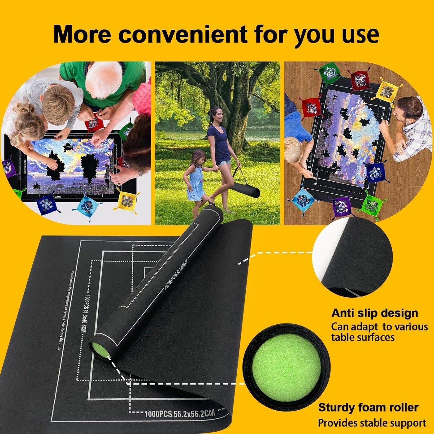 Napzy Puzzle Mat, Jigsaw Matt Rollup 8PCS Sorting Trays Up to 1500pcs Puzzles Matt Rollup 45.6 x 26.3 in Jigsaw Keeper and Saver Jigsawes Pad Has Storage Bag for Puzzle Lovers, Felt Matted Black