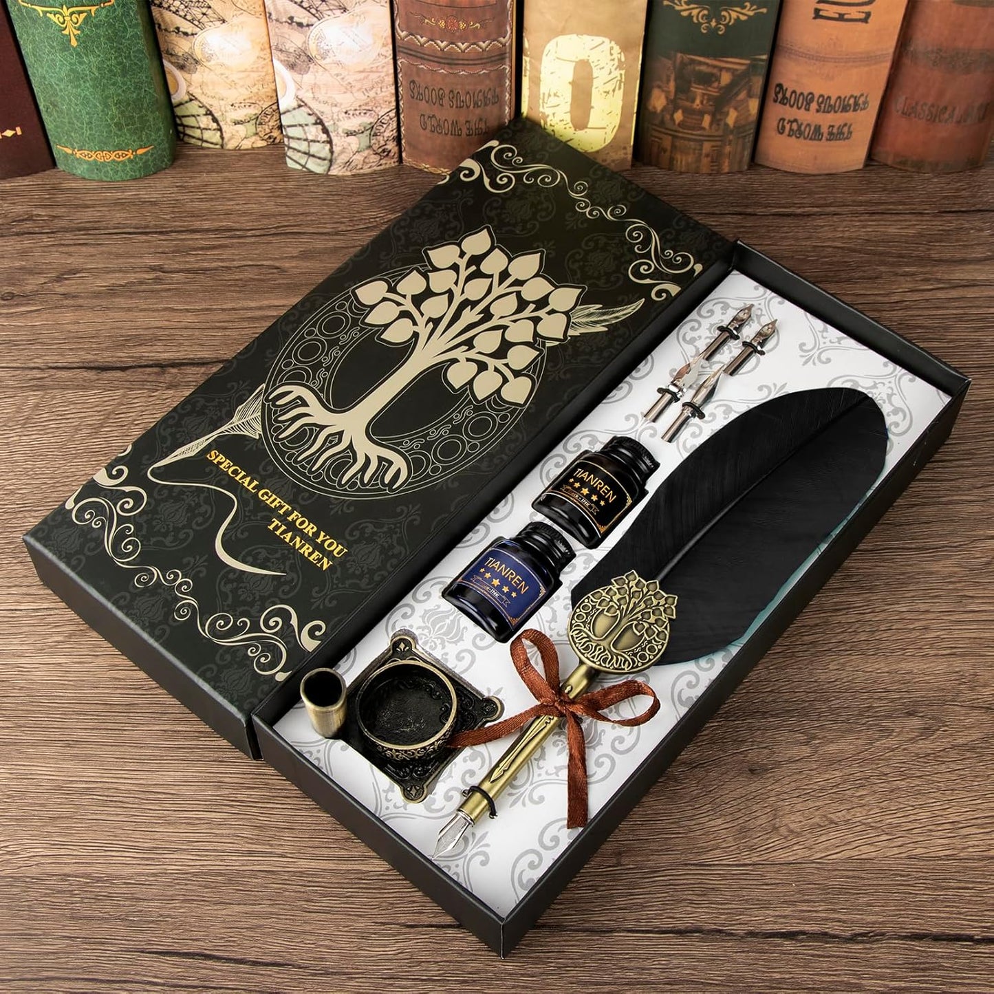 Quill pen ink set,Feather Pen and Ink Set,Antique Calligraphy Pen with 4 Replaceable Nibs,2 Bottle of ink,Feather Dip Pen Holder Christmas Gift for Men&Women.(Black)