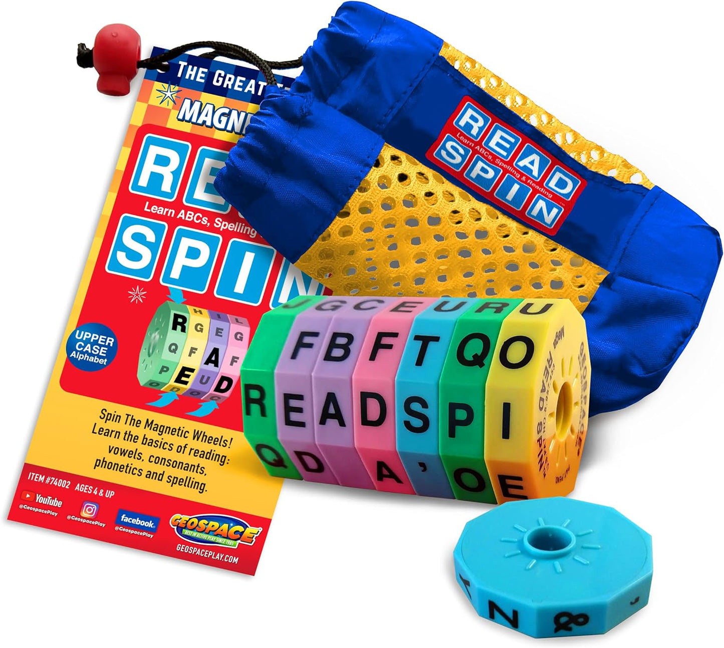 Geospace Read Spin Education Game for Kids – A Handheld Magnetic Spelling Game with Storage Pouch (Upper Case Letters)