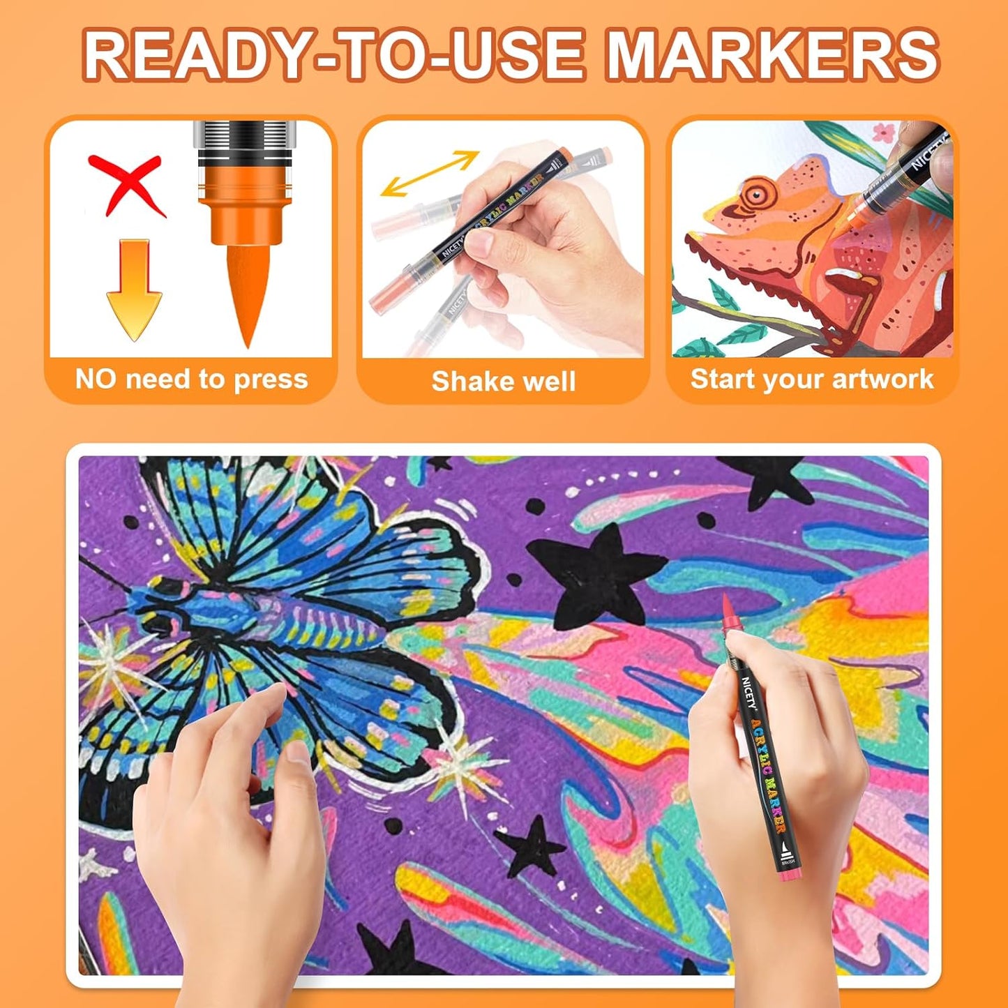 NICETY 180 Acrylic Paint Markers, Acrylic Paint Pens Brush Tip for Rock Painting, Wood, Glass, Stone, Canvas, Ceramic, Fabric - Acrylic Markers DIY Craft & Art Supplies for Adults, Artists