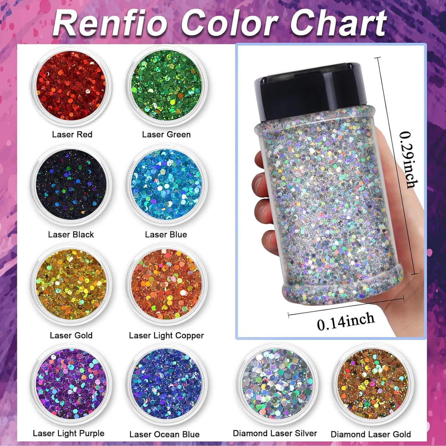 Renfio Holographic Glitter, 2.11oz/60g Medium Size Chunky Mix, Ultra Fine Gold Sequins for Crafts, Christmas, Resin, PET Flakes for Nail Art, Tumblers, Slime - Laser Gold