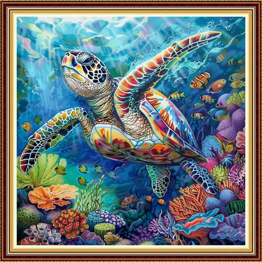 Hopeart Stamped Cross Stitch Kits for Beginner Embroidery Kits for Beginners Adults DIY 11CT Cross Stitch Patterns Needlepoint Kits Crossstitching Kits-Colorful Sea Turtle 18x18 inch