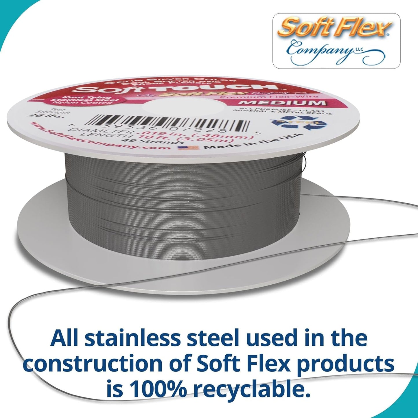 Soft Flex 49 Strand Stringing Wire - Flexible Braided - Medium 0.19 Diameter - Jewelry Making Bead Wire - Satin Silver