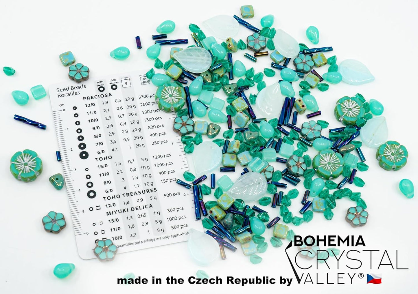 2.1oz (60 g) Mix of Unique Czech Bohemia Glass Pressed Beads, Rocailles, Opaque Turquoise Green Copper Crystal Silver, Matte and Glossy, Hand Made BCV