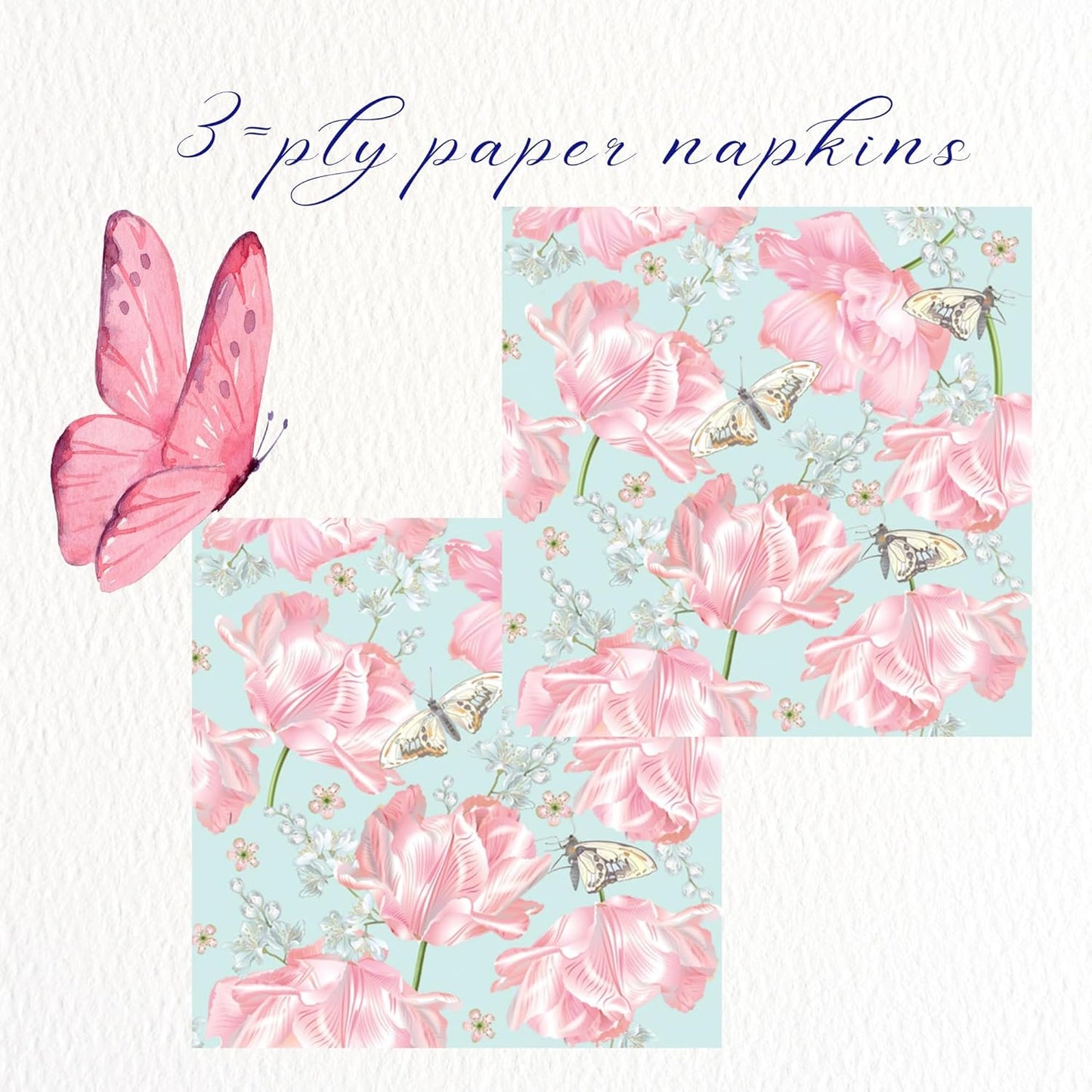 20-ct 13x13 Flowers Paper Luncheon Decoupage Napkins, 3-Ply Servilletas Printed Flower Pink Tulips Cocktail Napkin for Art, Dinner and Party, Disposable Napkins Decor